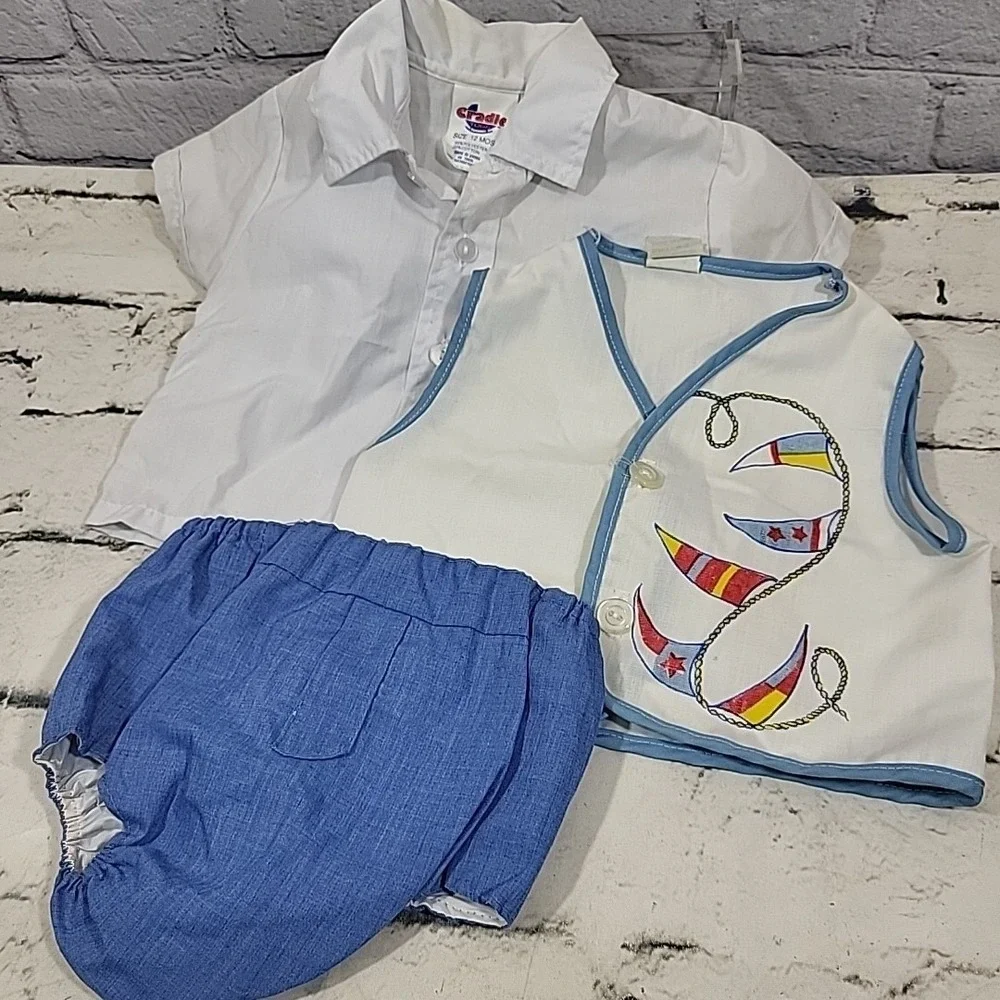 Vintage Baby Clothes 3pc Lot 12mos Button Up Shirt Vest Blue Diaper Cover
